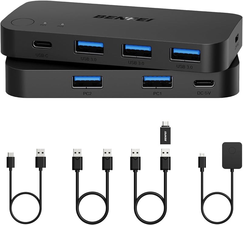 Benfei مفتاح USB 3.0، محول USB لتمكين جهازين كمبيوتر من مشاركة 3*USB 3.0 و 1*USB C مع جهاز تحكم عن بعد للماوس ولوحة المفاتيح والطابعة والماسح الضوئي، مفتاح KVM USB متوافق مع ويندوز وماك ولينكس - Image 1